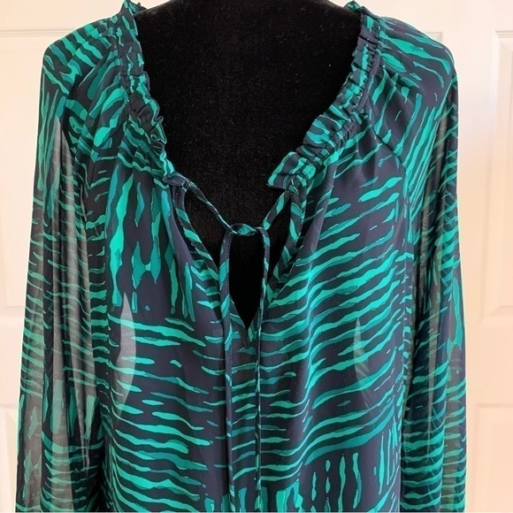 LOFT Green and Navy Sheer Long Sleeve Flowy Blouse - Picture 3 of 6